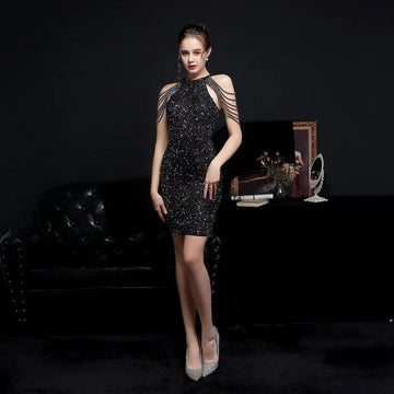 Cherry Black Off Shoulder Sequin Mini Dress Thusfar